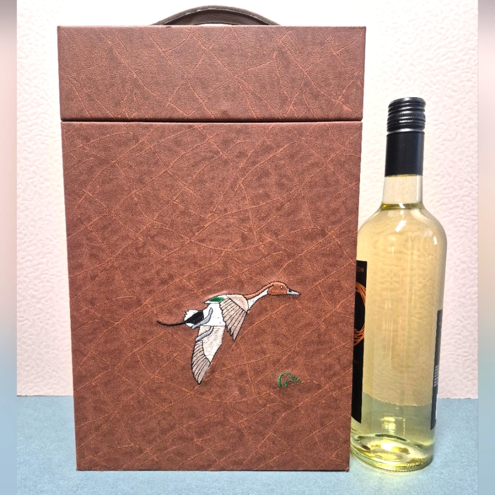 RARE Brown Wine/(2 Bottle) Box with Duck Embroidery (both sides) Leather/Faux?